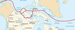 En rouge, les voies navigables possibles. En bleu, le site d'abandon des navires. En violet, le site des deux épaves.