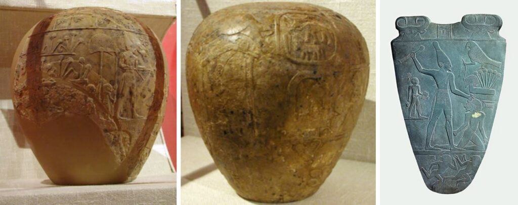 Offrandes de Nekhen, massues du roi scorpion et de Narmer, palette de Narmer
