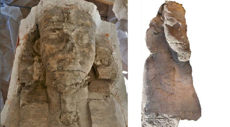 fragments des sphynx au visage du pharaon Amenhotep III découverts dans son temple funéraire
