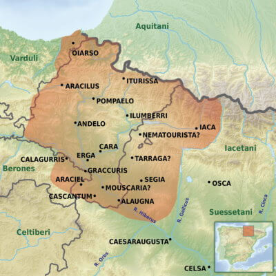Carte montrant le territoire des Basques de l'antiquité et Pompaelo, près de laquelle a été découverte la main d'Irulegi