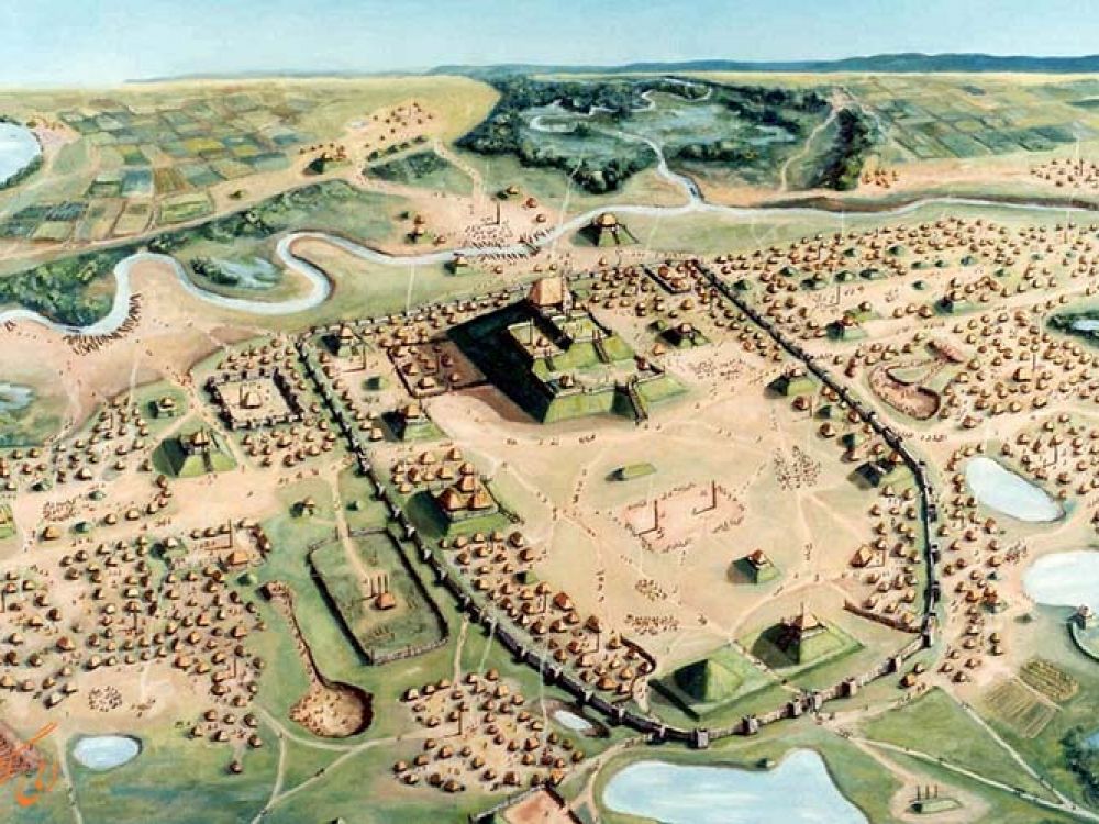 Vue d'artiste représentant Cahokia et ses tertres à son apogée.