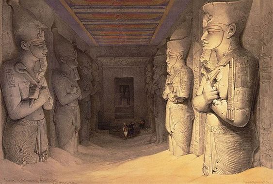 Salle hypostyle ensablée du grand temple d'Abou Simbel.
