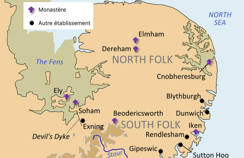 Carte du royaume d'Est-Anglie, au nord-est de Londres.