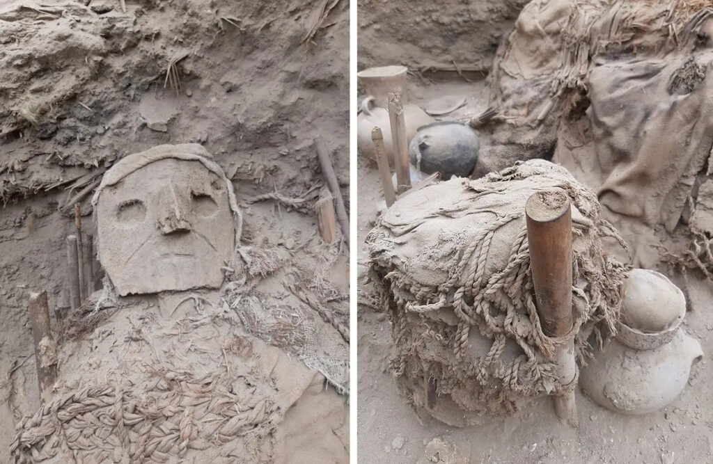 Paquet funéraire huari découvert sur le site de Pachacamac au Pérou