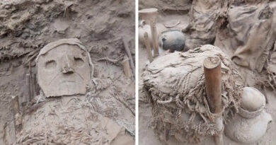 Paquet funéraire huari découvert sur le site de Pachacamac au Pérou