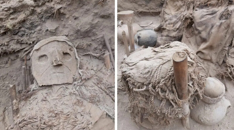 Paquet funéraire huari découvert sur le site de Pachacamac au Pérou