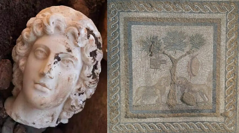 Découverte archéologique d'une mosaïque de lions et d'une tête d'Alexandre le Grand à Prusias ad Hypium, cité antique grecque et romaine de Bithynie, aujourd'hui en Turquie