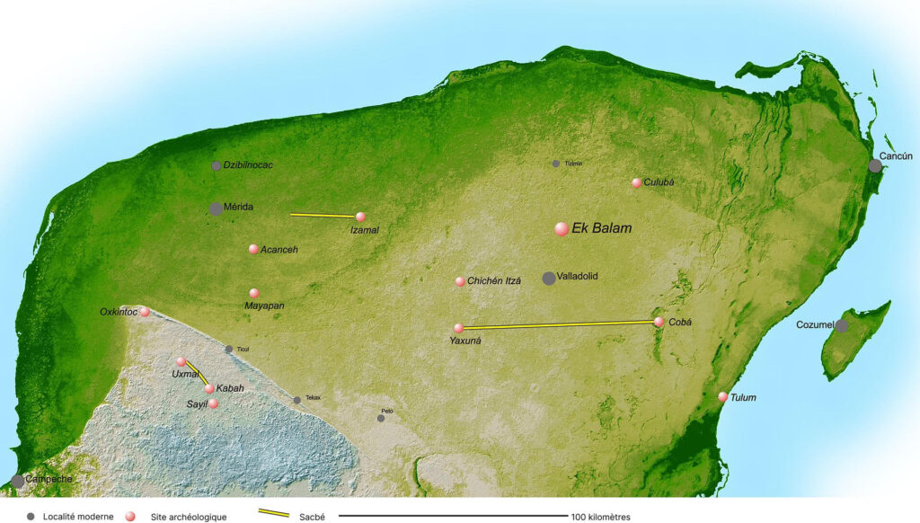 Carte montrant le site archéologique maya d'Ek' Balam dans le Yucatan