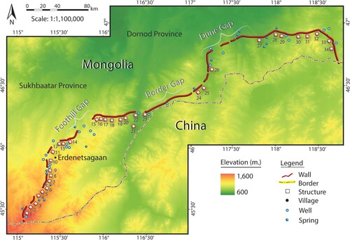 Carte montrant le système défensif appelé "arc mongol", une partie de la grande muraille de Chine
