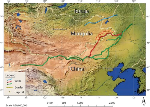 Carte montrant les différents tronçons de la grande muraille de Chine et son arc mongol