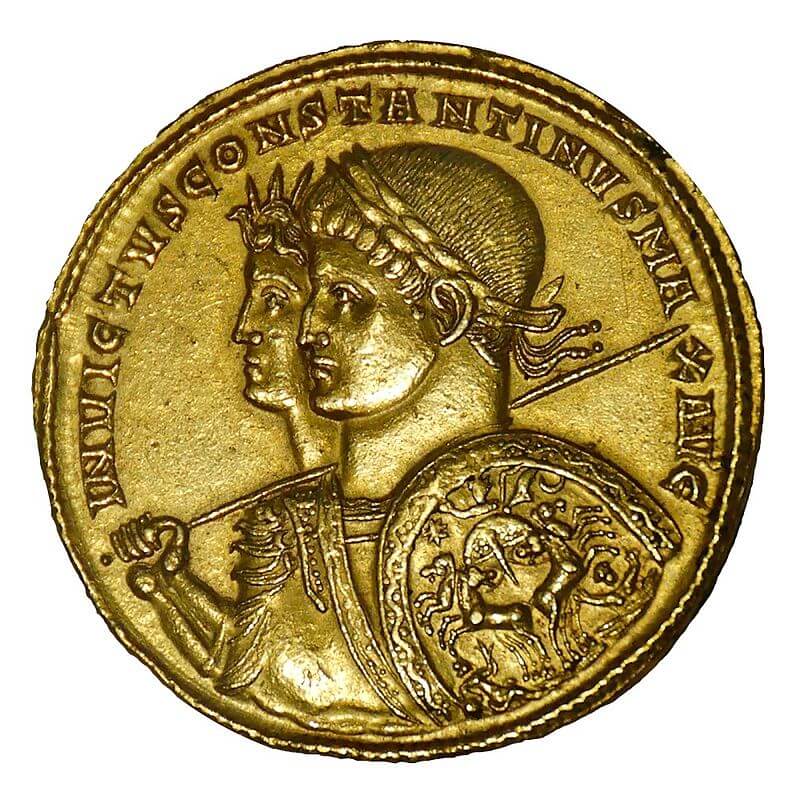 Solidus de Constantin de 313 montrant l'empereur en Sol Invictus