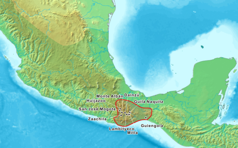 Carte montrant l'étendue du territoire des Zapotèques, civilisation précolombienne du Mexique
