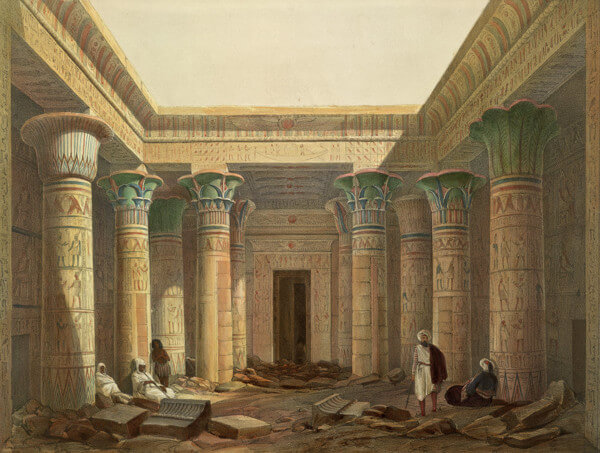 Vue ancienne de la cour à colonnade du temple d'Isis à Philae