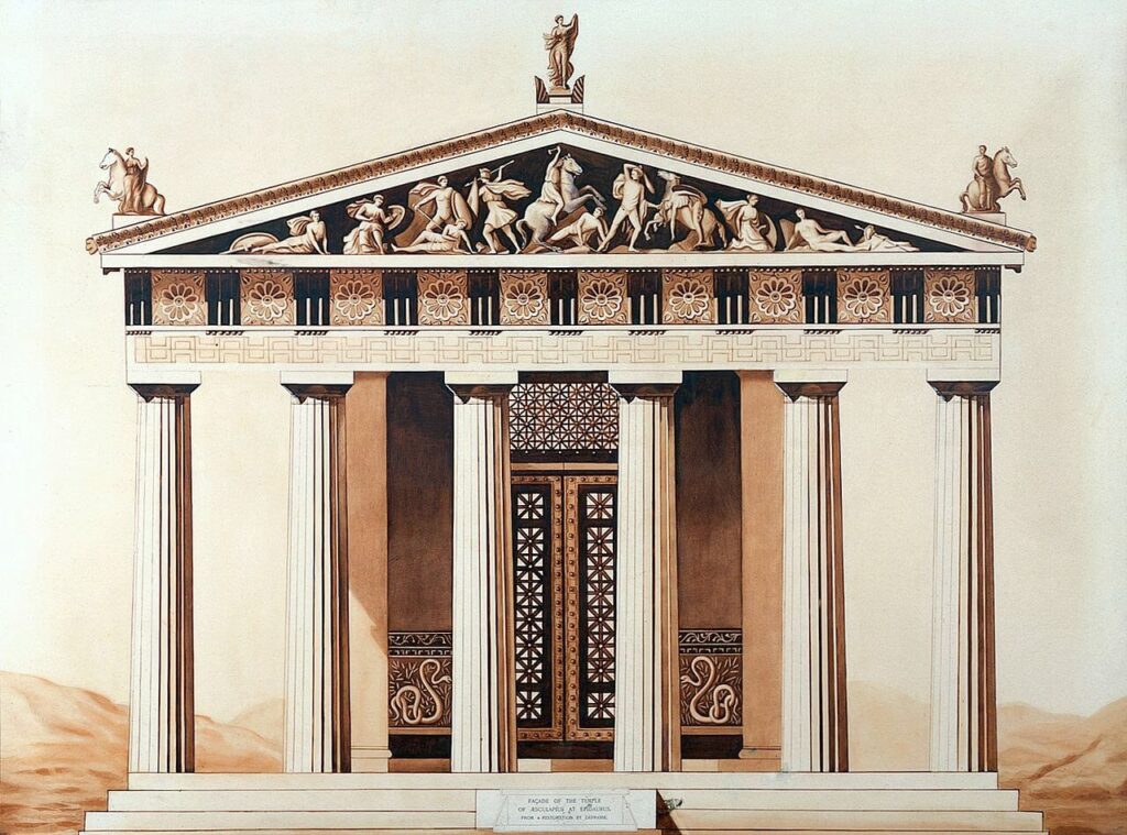 Restitution de la façade du temple d'Asclépios à Epidaure, site archéologique de la Grèce antique