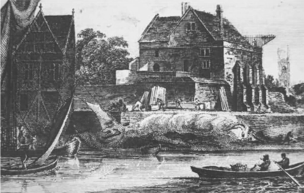 Ancienne gravure montrant le donjon du château de Gloucester au XVIIIe siècle