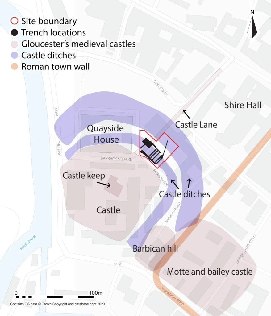 Plan du château de Gloucester et des fouilles