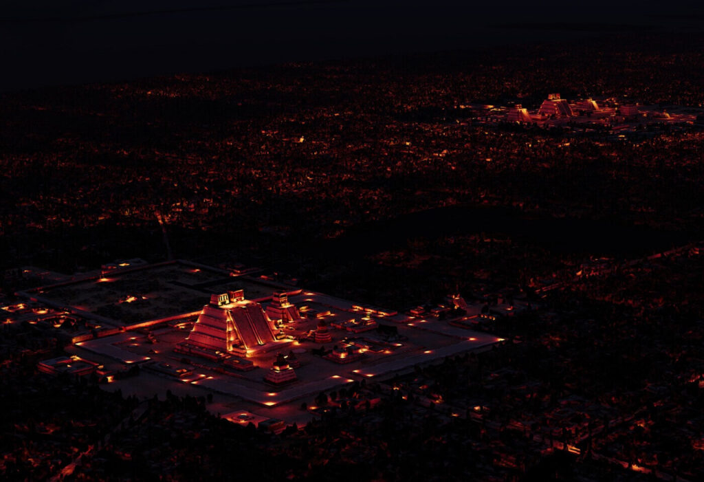 Carte interactive 3D de Tenochtitlan, la capitale des Aztèques, vue de nuit
