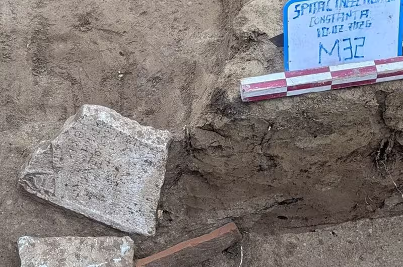 Dégagement de l´inscription en grec dans les fouilles de la nécropole romaine de Tomis