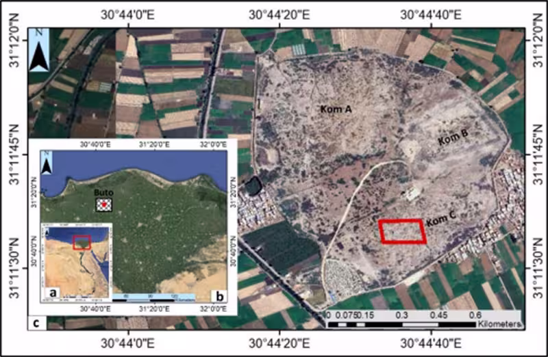 Vue et localisation du site archéologique de Bouto en Egypte