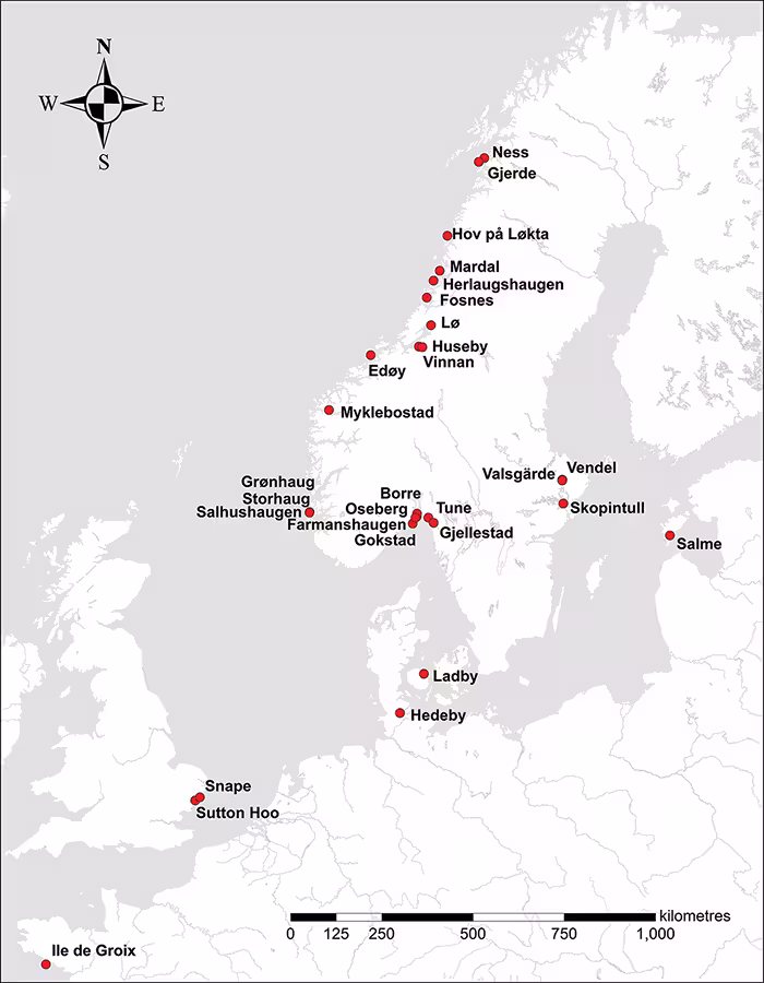 Carte montrant les tombes-navires mentionnées