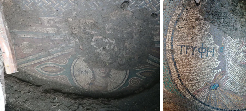 Détails de la mosaïque mise au jour par des fouilles illégales à Tokat en Turquie