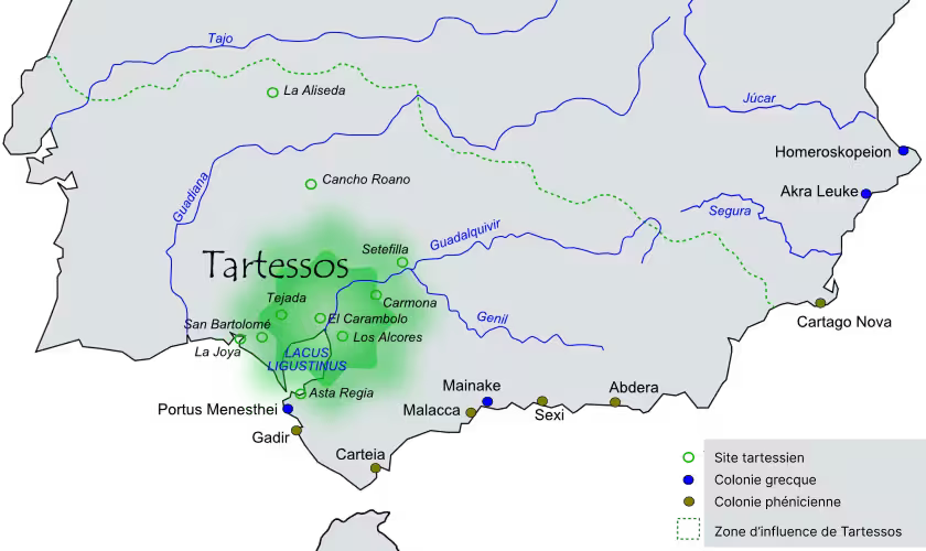Carte montrant les sites et l'ère d'influence de la civilisation de Tartessos