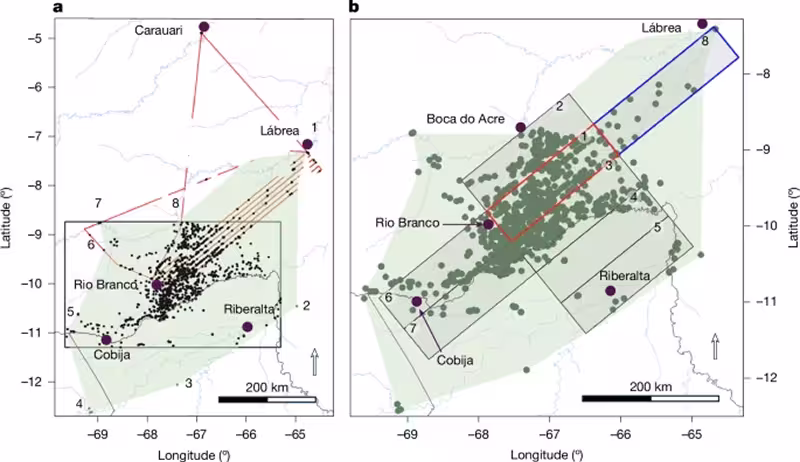 Cartes montrant le coeur de l'ère d'influence de la civilisation Aquiry en Amazonie