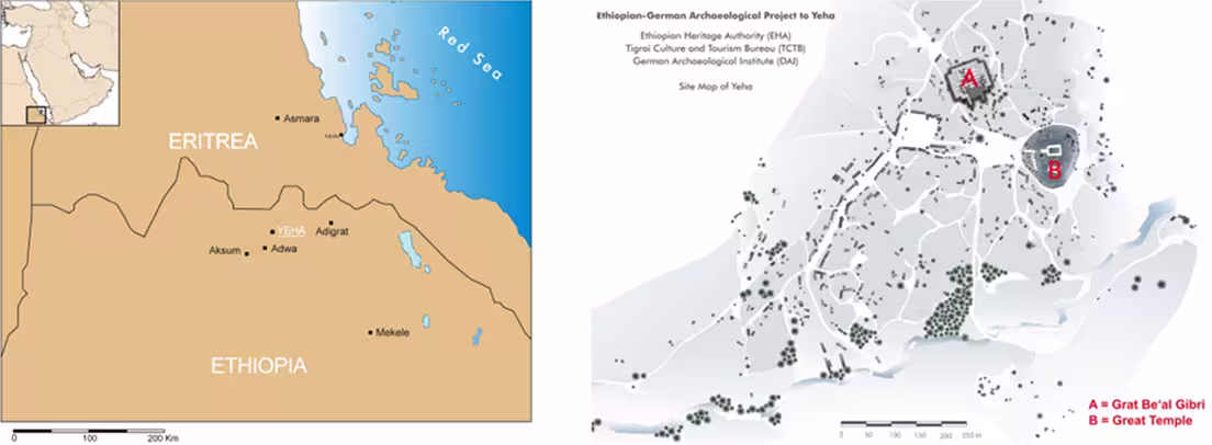 Carte de localisation du site et plan de l'ensemble archéologique de Yeha